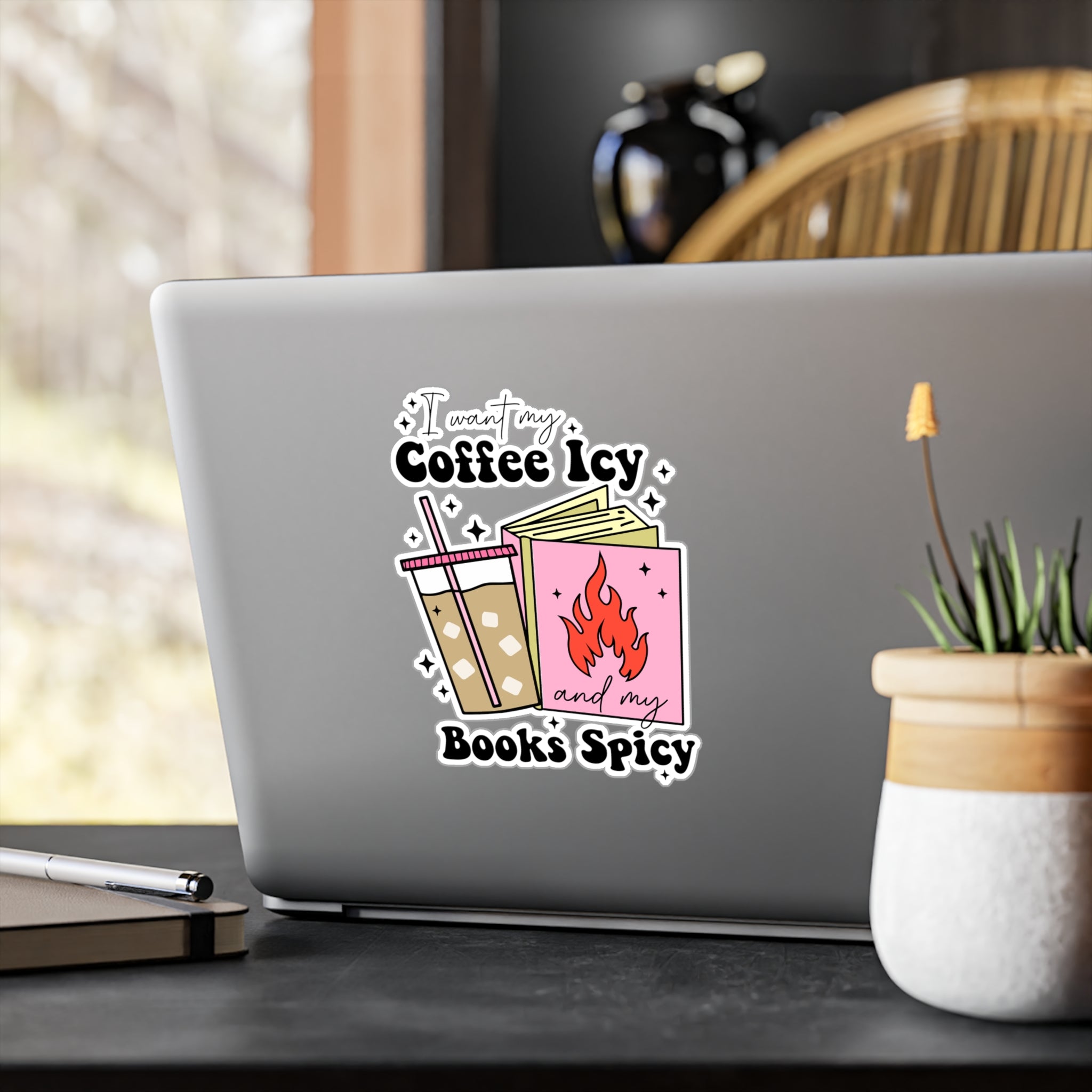 I Want My Coffee Icy and My Books Spicy — Kiss-Cut Vinyl Sticker