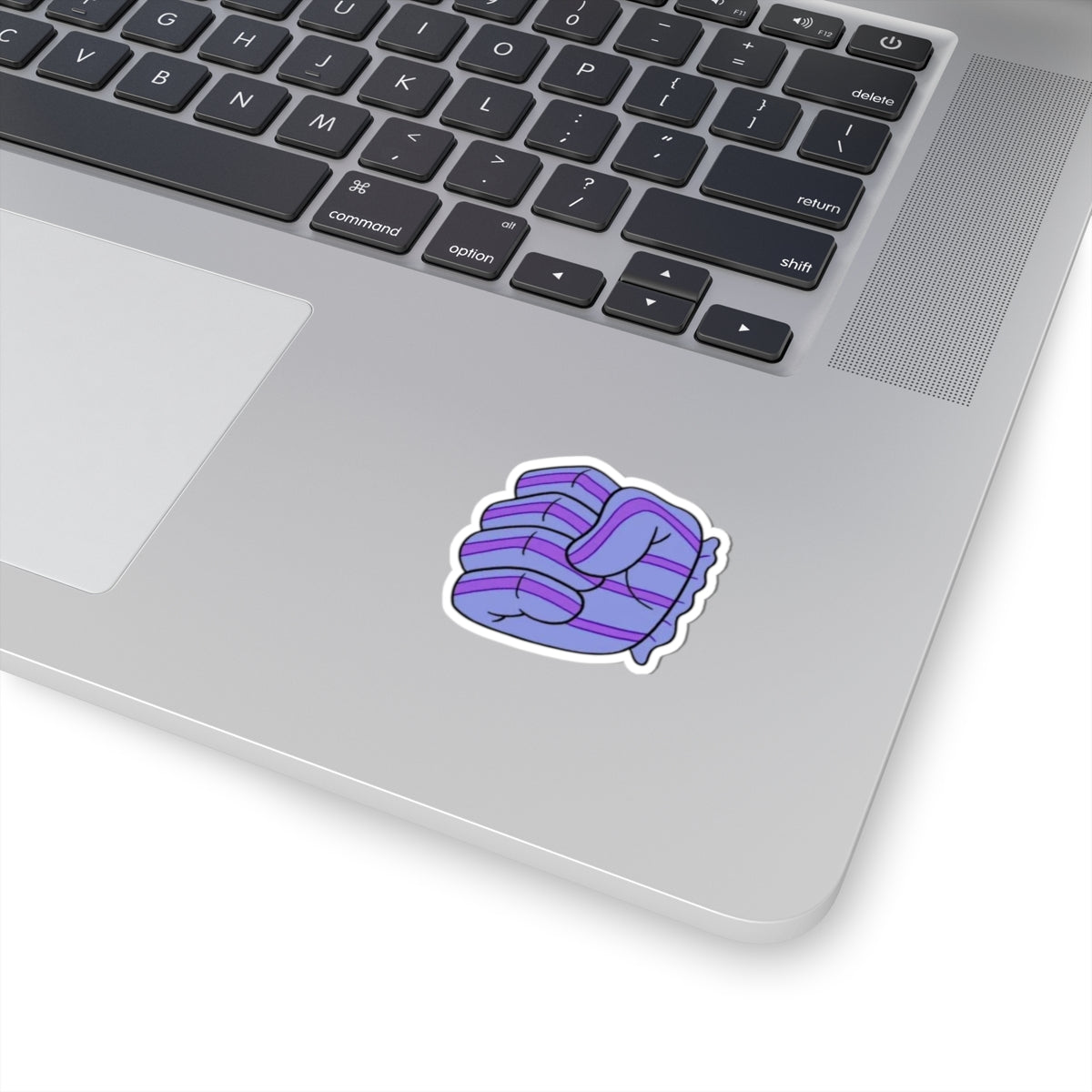 Purple Striped Fist Kiss-Cut Sticker — Cozy Empowerment Laptop Decal