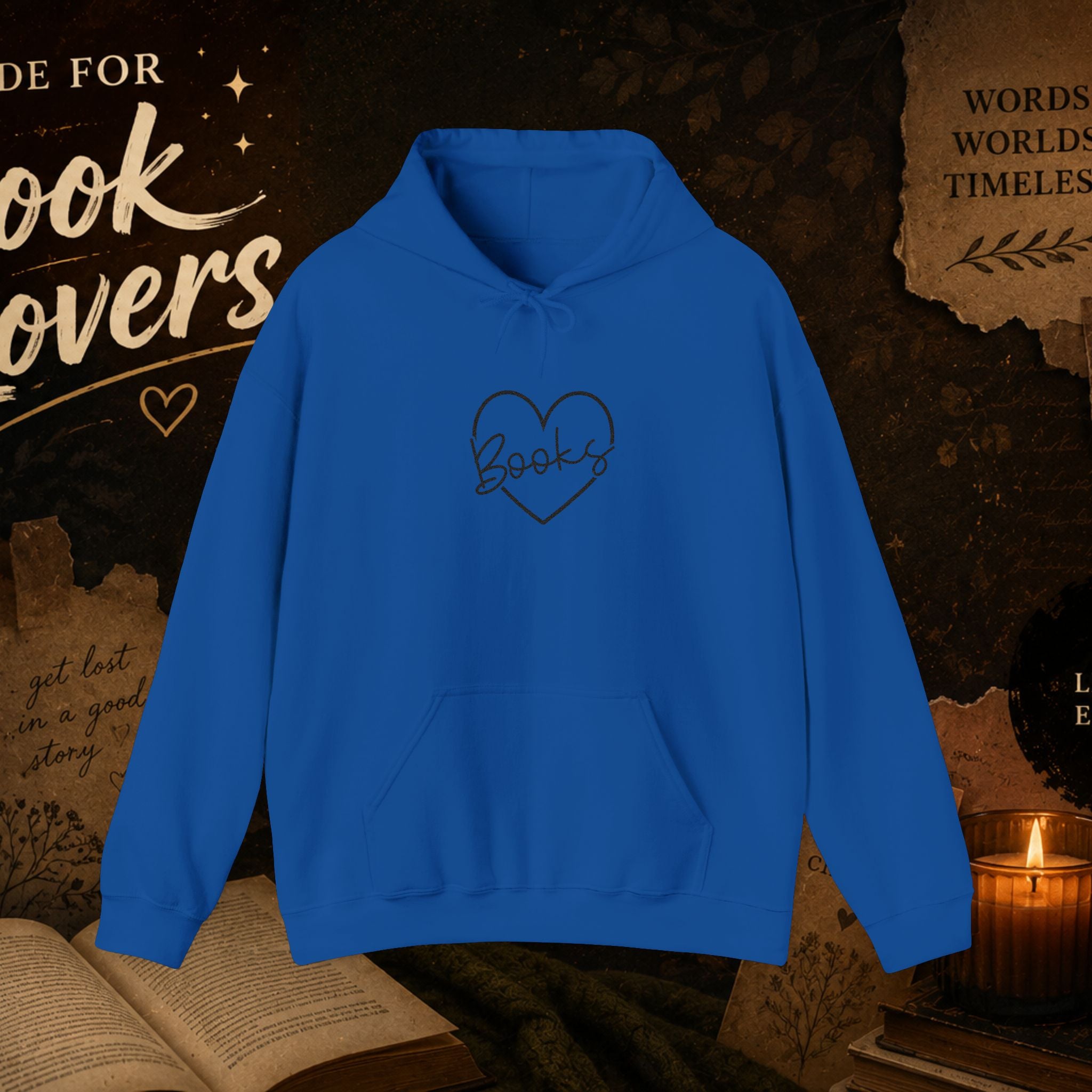 Book Lover Heart Hoodie — "Books" Script Chest Graphic