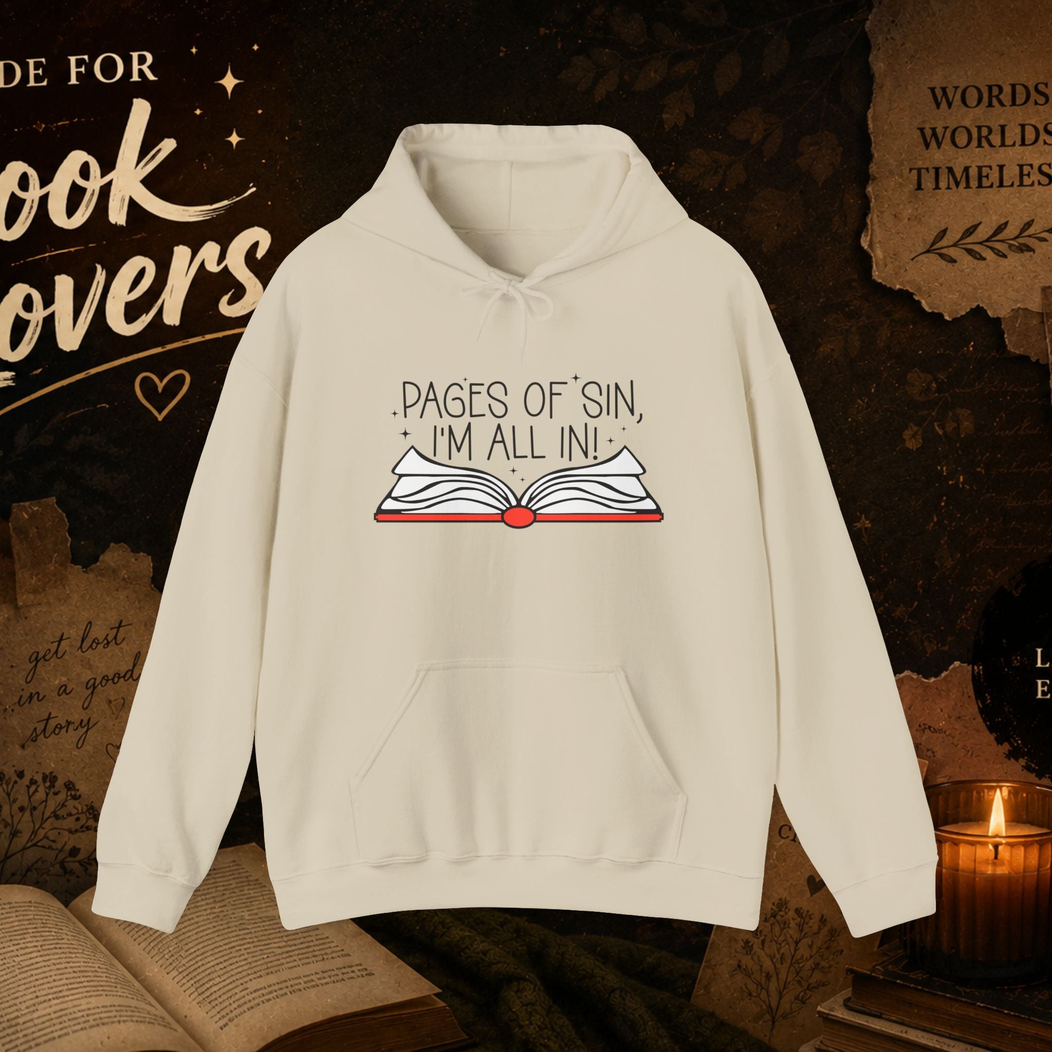 Pages of Sin Hoodie – Funny Book Lover Hoodie with 'Pages of Sin, I'm All In' Design
