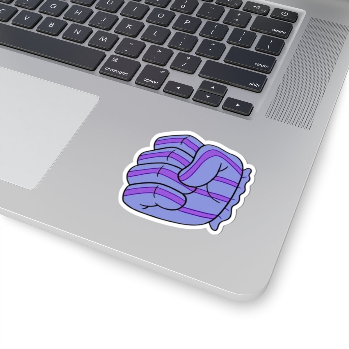 Purple Striped Fist Kiss-Cut Sticker — Cozy Empowerment Laptop Decal
