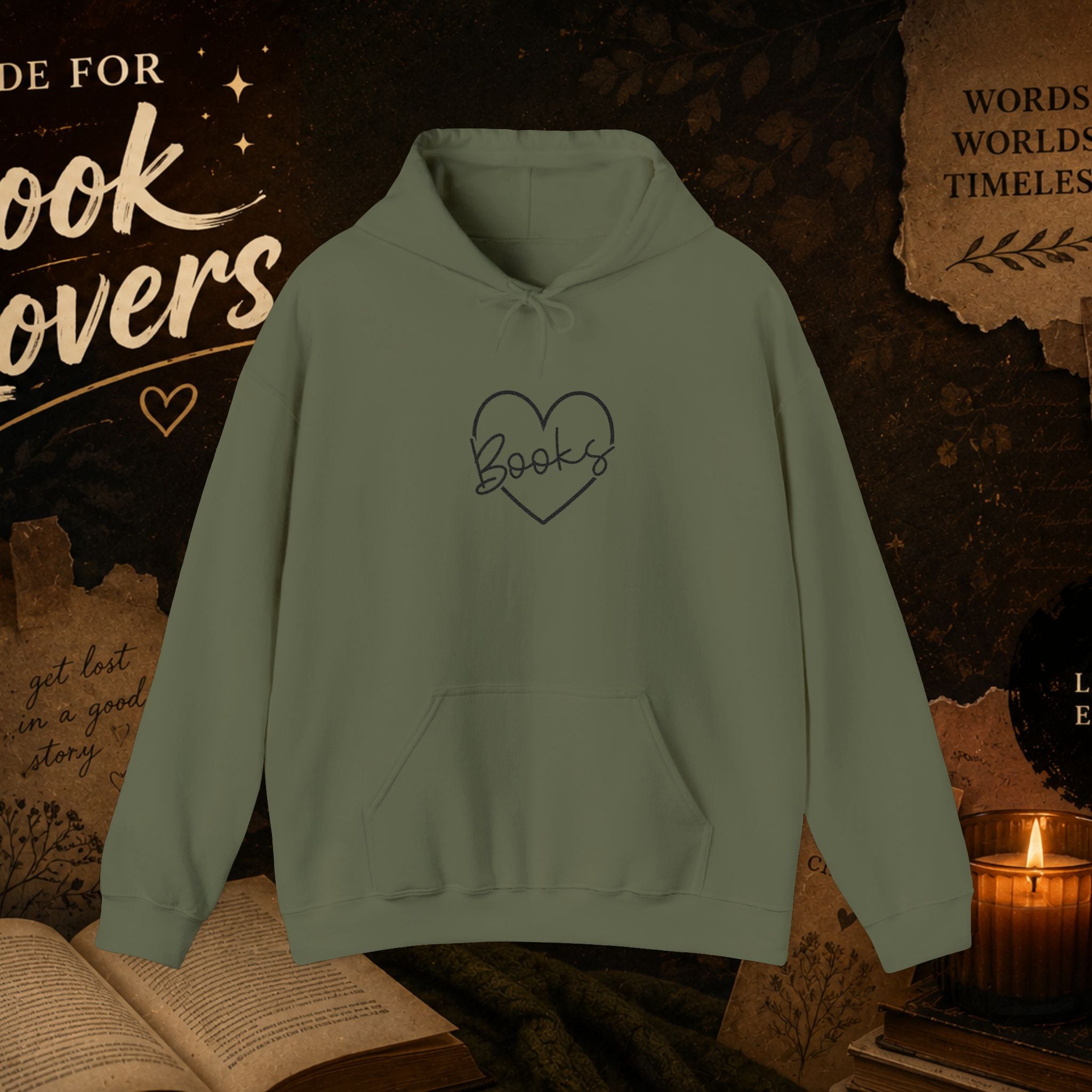 Book Lover Heart Hoodie — "Books" Script Chest Graphic
