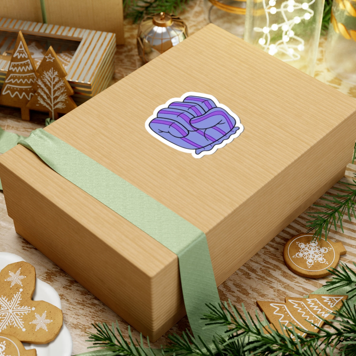 Purple Striped Fist Kiss-Cut Sticker — Cozy Empowerment Laptop Decal
