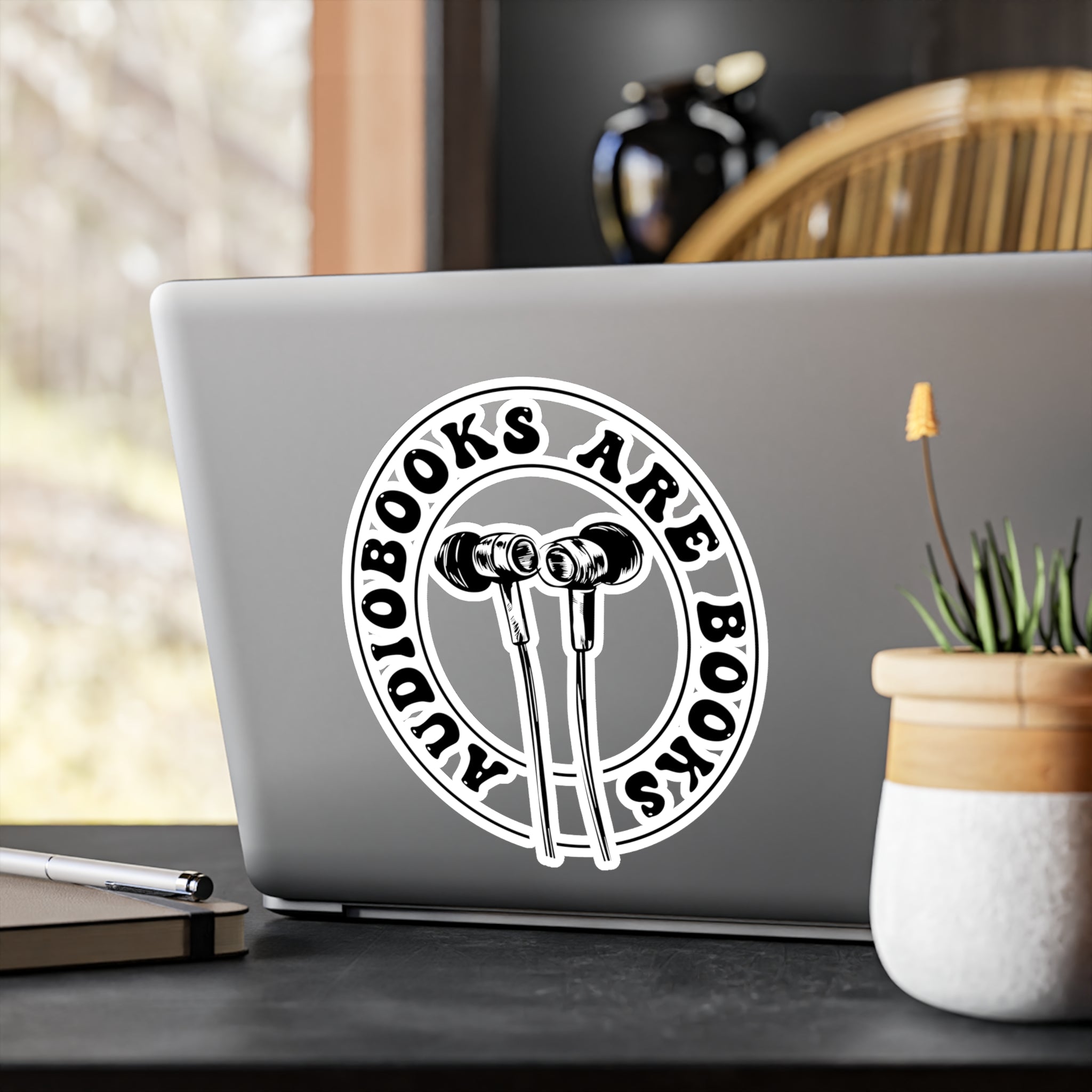 Audiobooks Are Books Vinyl Sticker — Earbuds Design Kiss-Cut Decal for Readers & Listeners