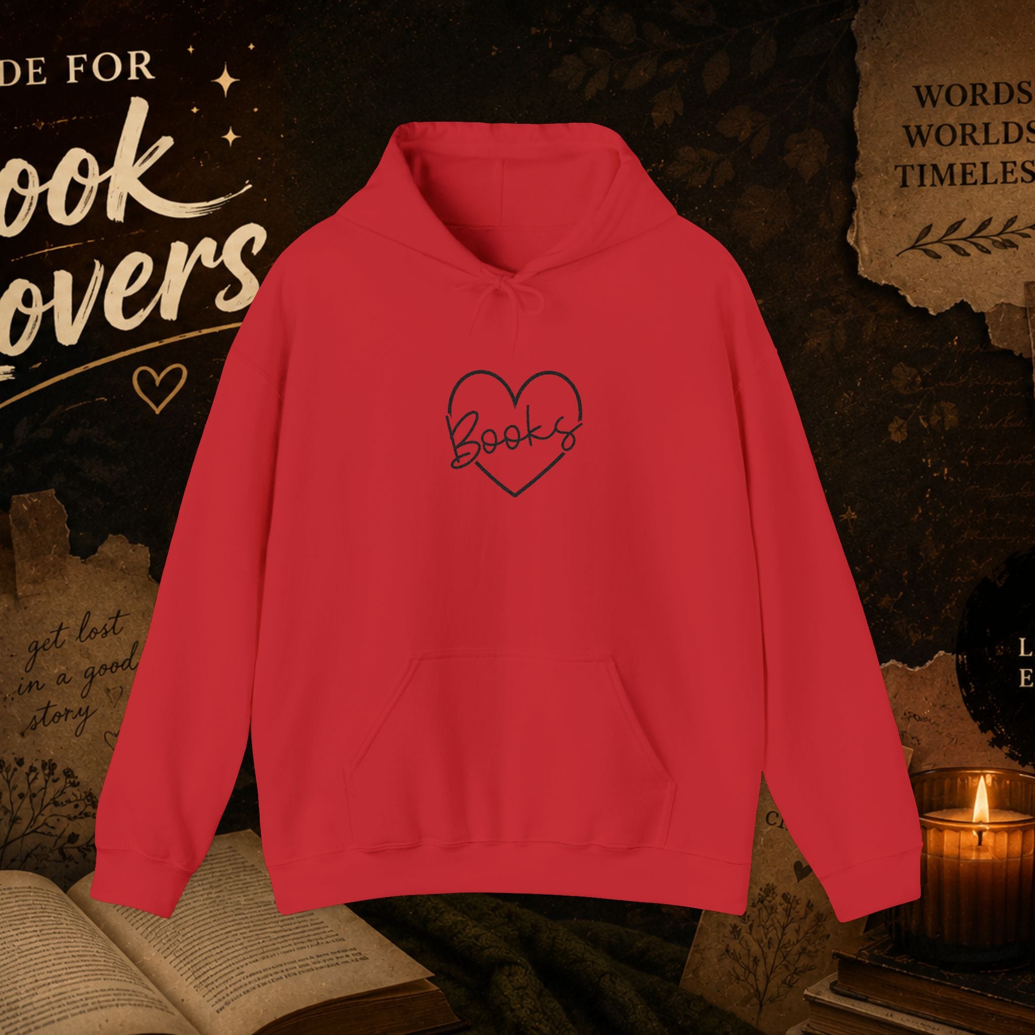Book Lover Heart Hoodie — "Books" Script Chest Graphic