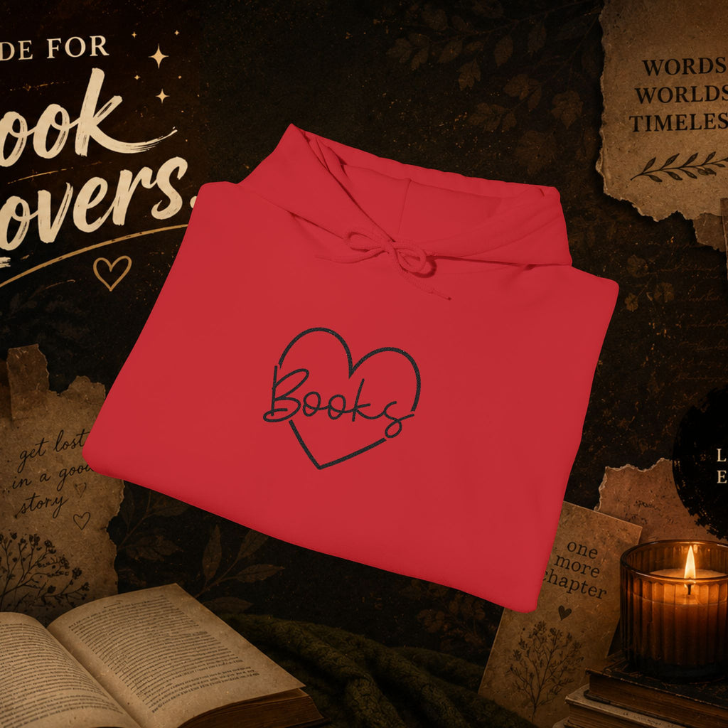 Book Lover Heart Hoodie — "Books" Script Chest Graphic