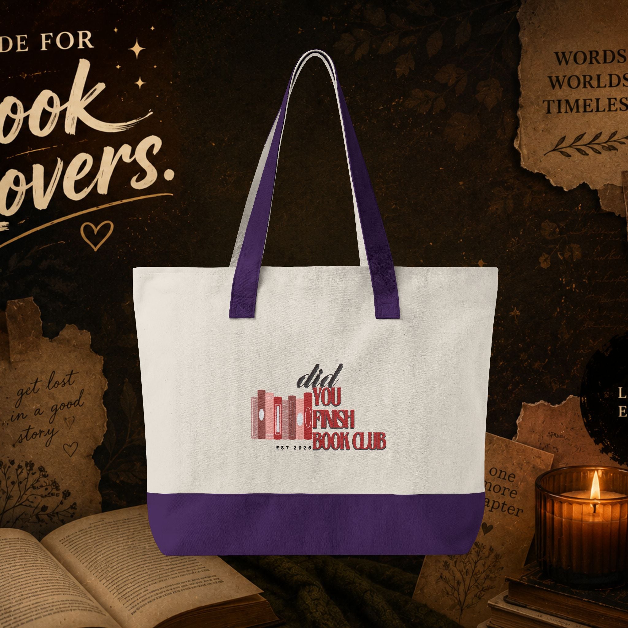 Book Lover Zippered Canvas Tote — "Did You Finish the Book?" Literary Tote Bag- customized front
