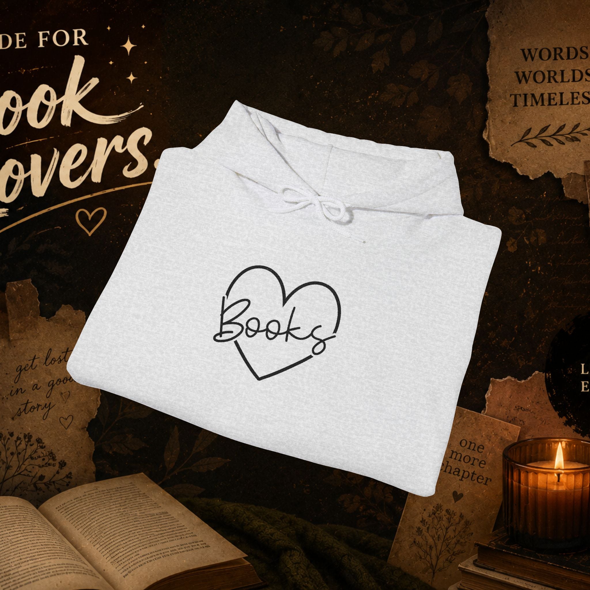 Book Lover Heart Hoodie — "Books" Script Chest Graphic