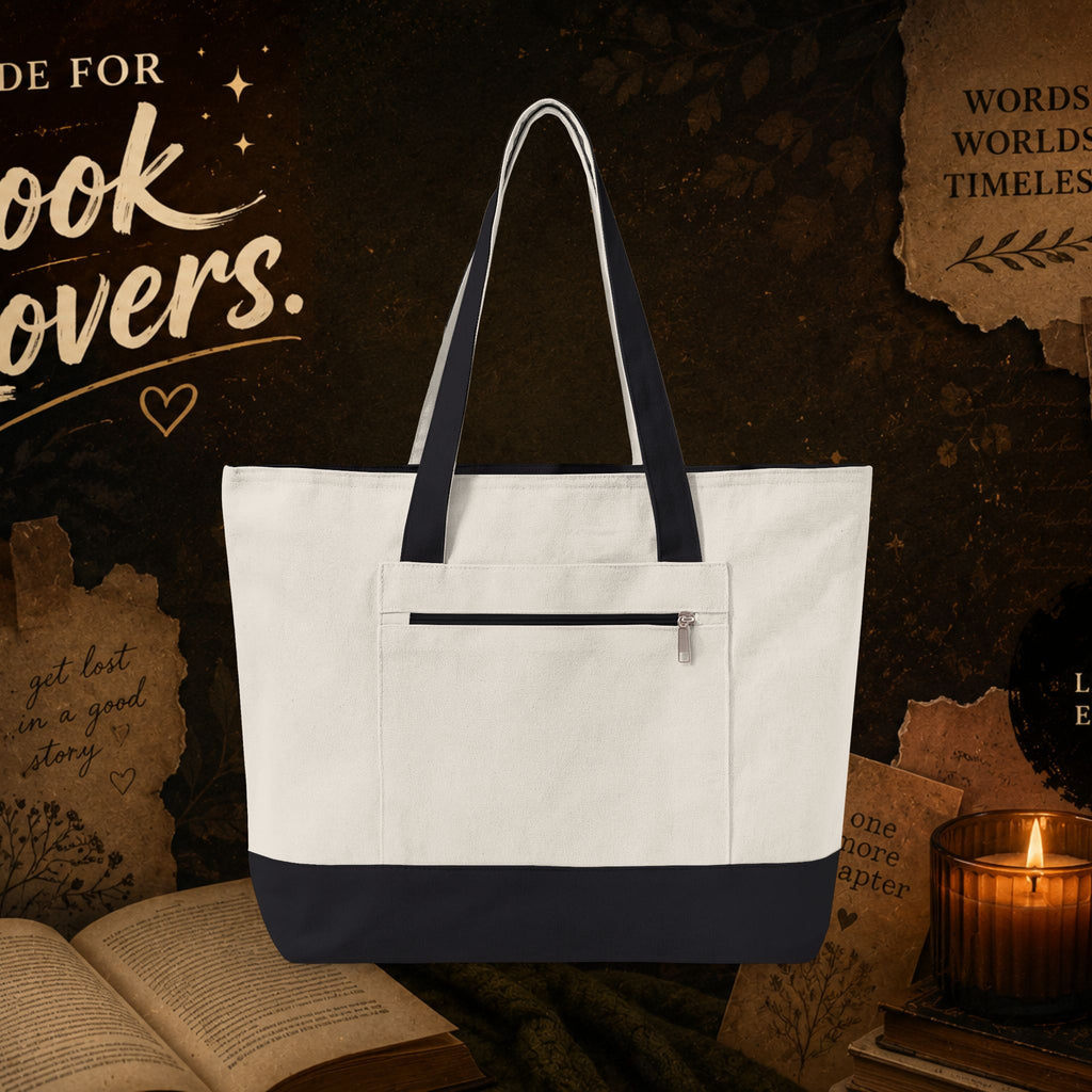 Book Lover Zippered Canvas Tote — "Did You Finish the Book?" Literary Tote Bag- customized front