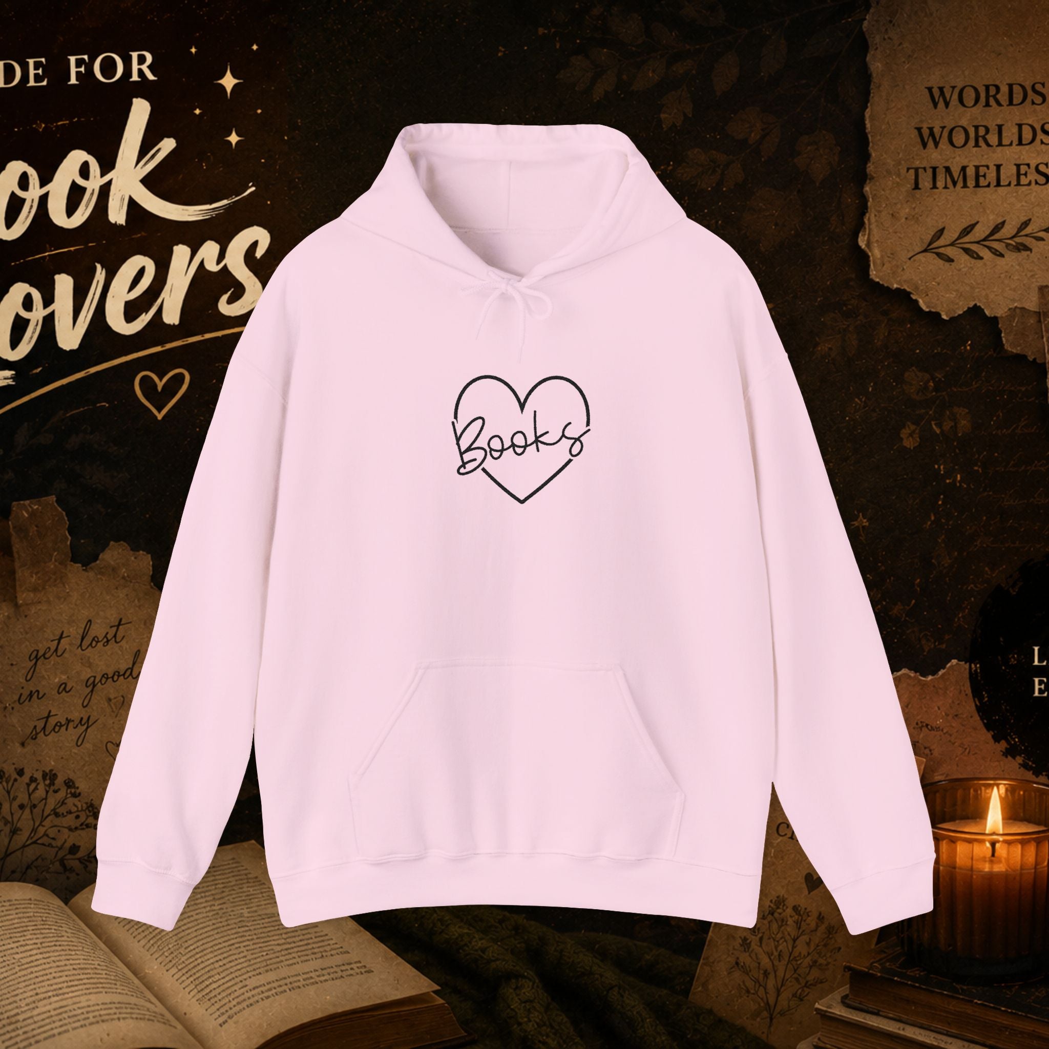 Book Lover Heart Hoodie — "Books" Script Chest Graphic