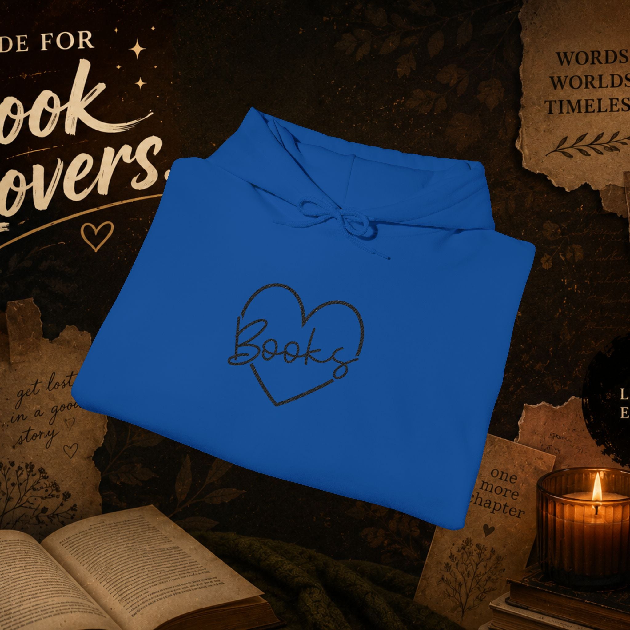Book Lover Heart Hoodie — "Books" Script Chest Graphic