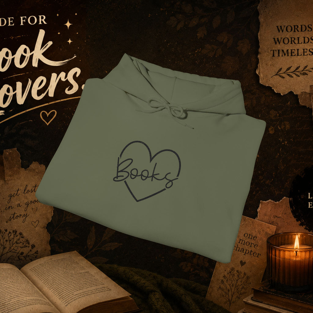 Book Lover Heart Hoodie — "Books" Script Chest Graphic
