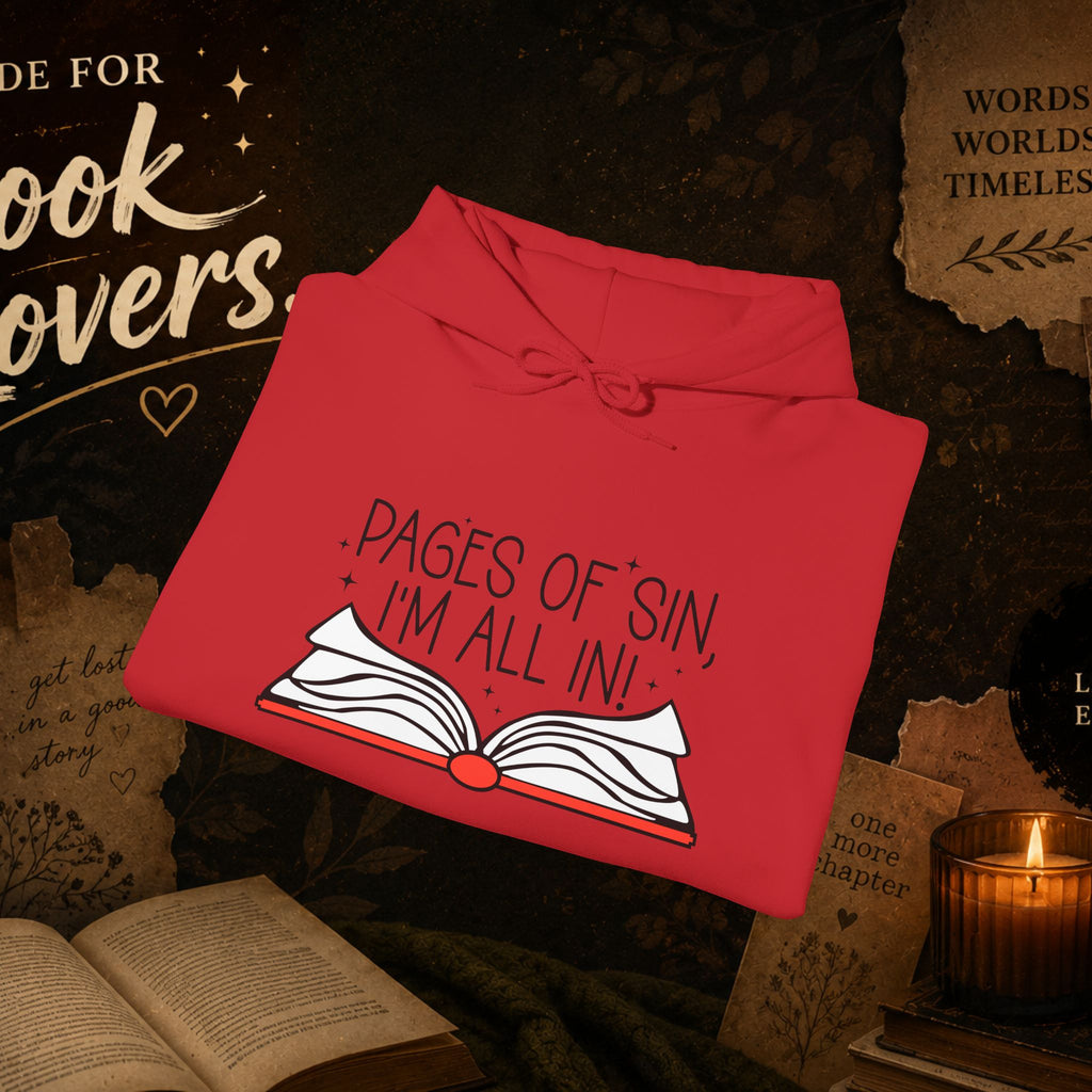 Pages of Sin Hoodie – Funny Book Lover Hoodie with 'Pages of Sin, I'm All In' Design