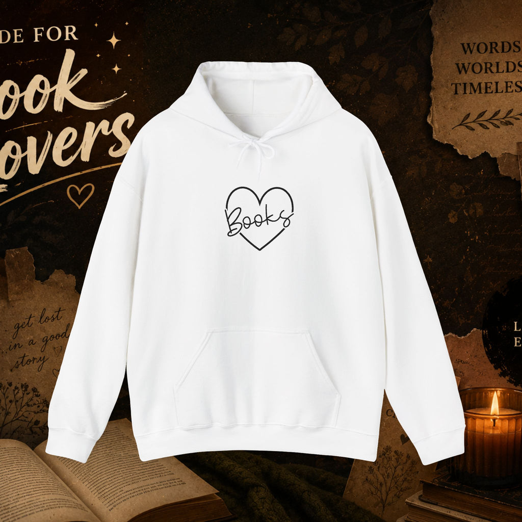 Book Lover Heart Hoodie — "Books" Script Chest Graphic