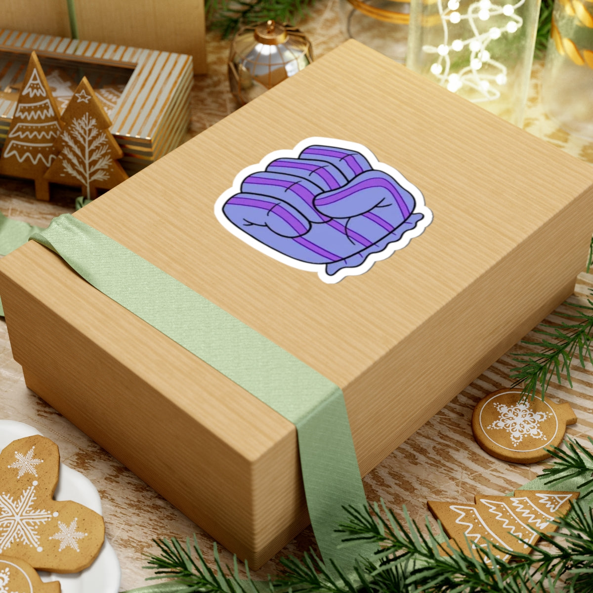 Purple Striped Fist Kiss-Cut Sticker — Cozy Empowerment Laptop Decal