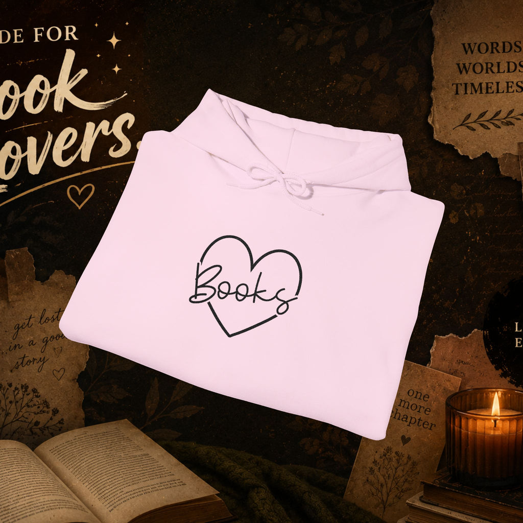 Book Lover Heart Hoodie — "Books" Script Chest Graphic