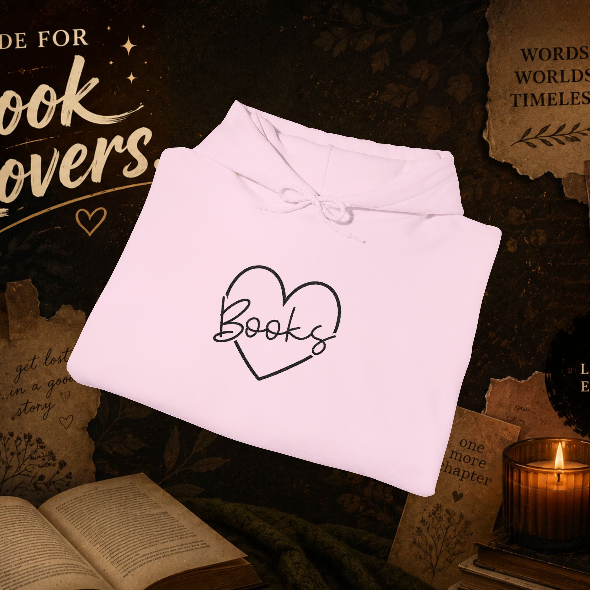 Book Lover Heart Hoodie — "Books" Script Chest Graphic